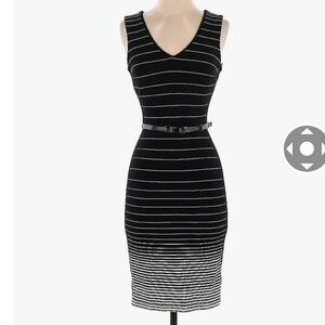 Sleeveless, v-neckline, bodycon silhouette, striped print, black, knee length